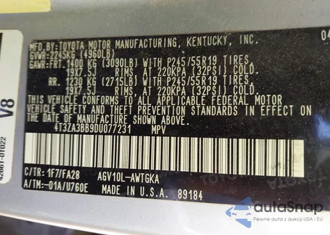 2013 Toyota Venza Le z USA, uszkodzony, nr VIN 4T3ZA3BB9DU077231